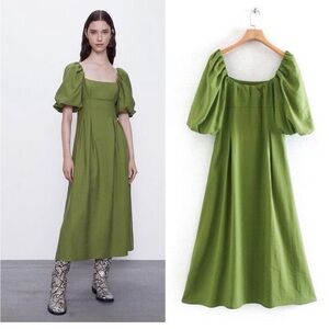 Zara Olive Green Puff Sleeve Dress